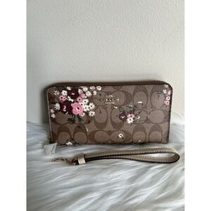 Coach C4456 Signature Canvas Evergreen Floral Long Zip Around Wallet Khaki Multi